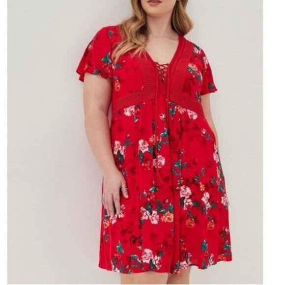 torrid Dresses & Skirts - Torrid Red Gauzy Floral Skater Dress